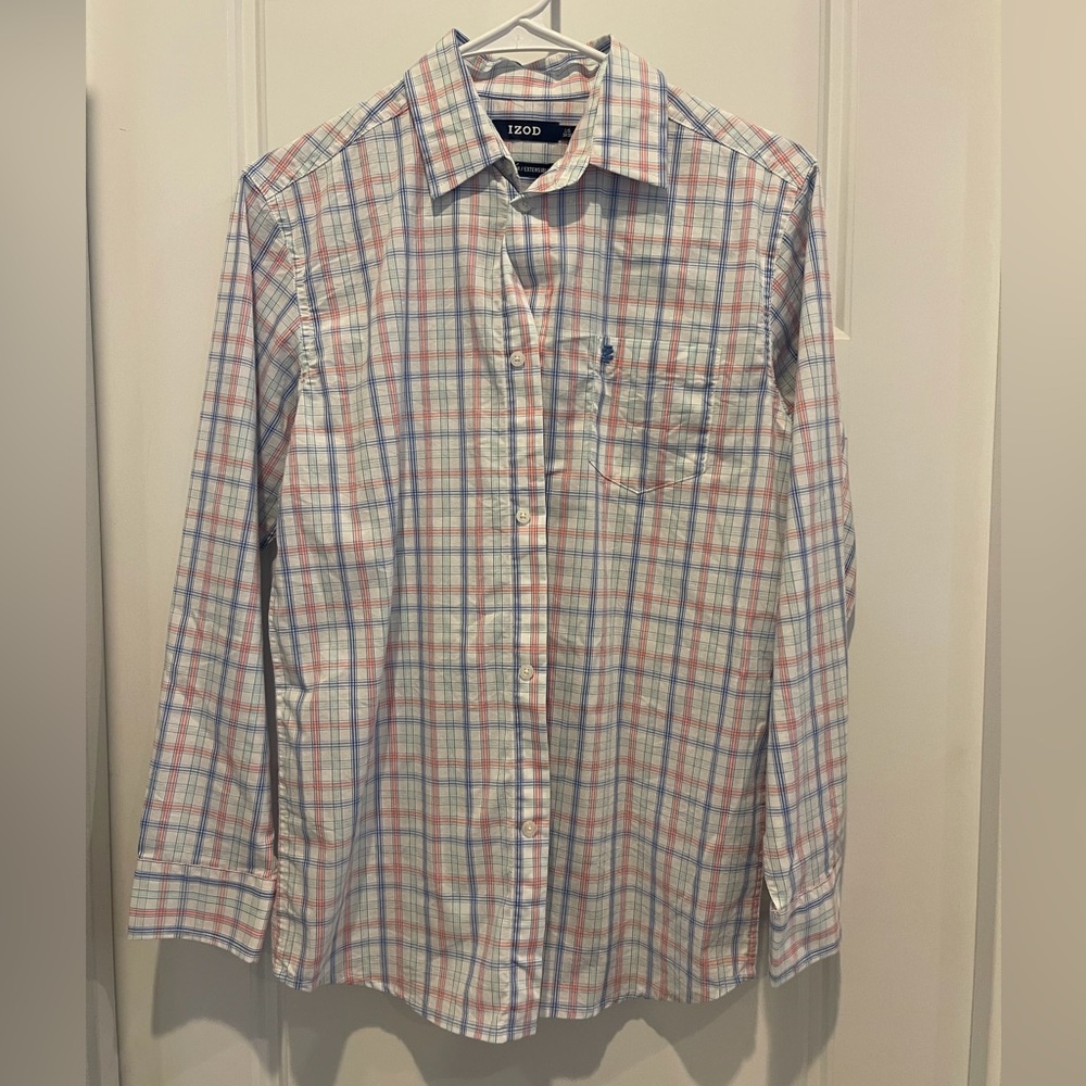 Izod Men's White Plaid Dress Shirt with Blue & Red Stripes